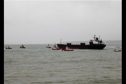 The freed vessel towed back to the anchorage (Photo: Graeme Ewens)